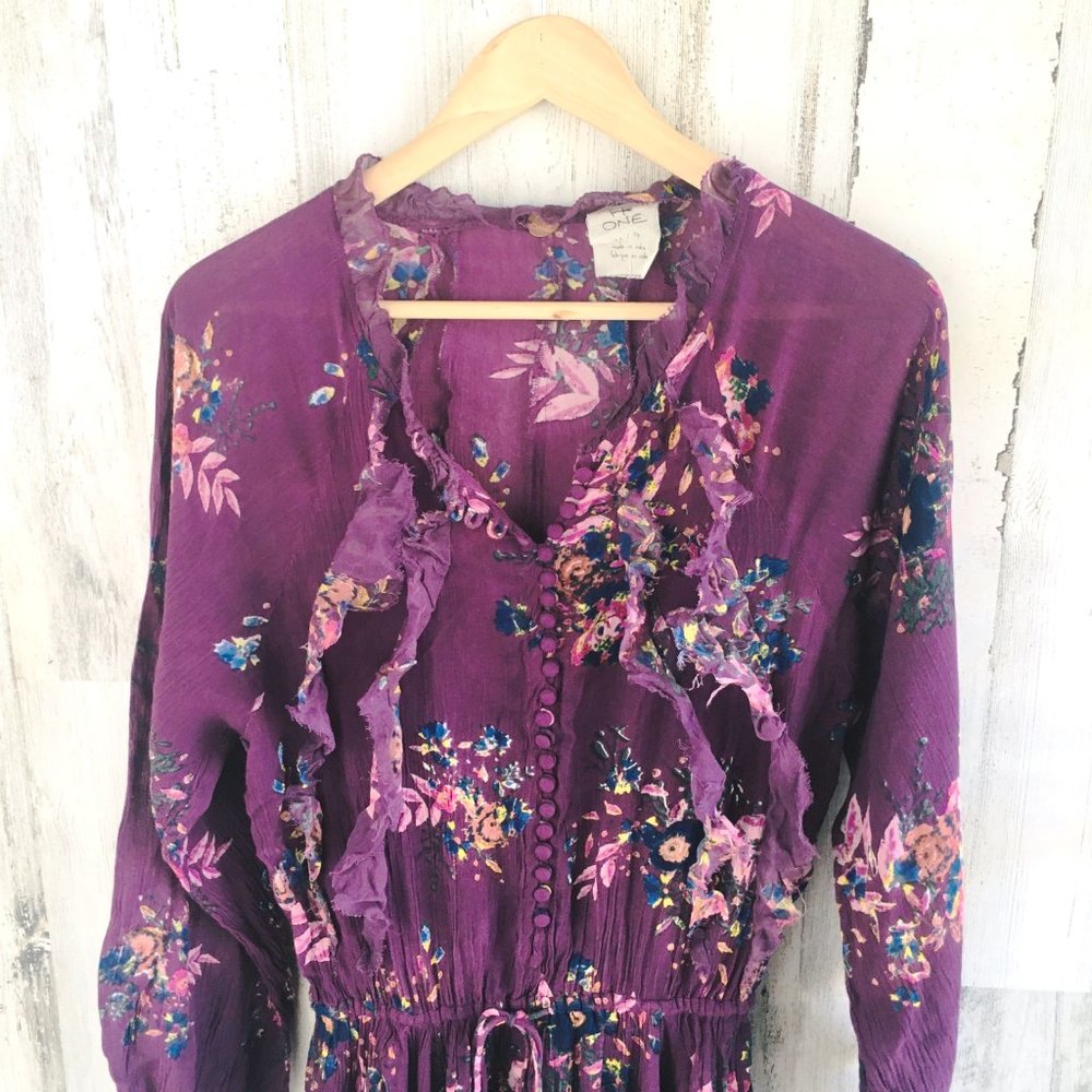 NWOT Free People FP ONE Gauze Wide Leg Jumpsuit Ruffled Purple XS - Picture 2 of 14